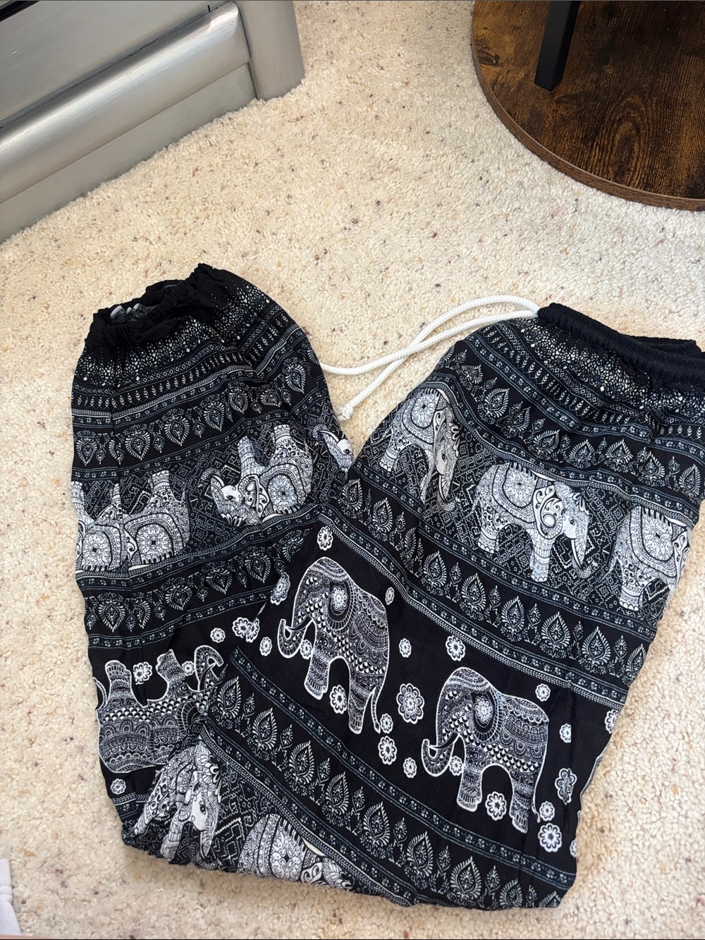 Black Elephant Print Drawstring Pants